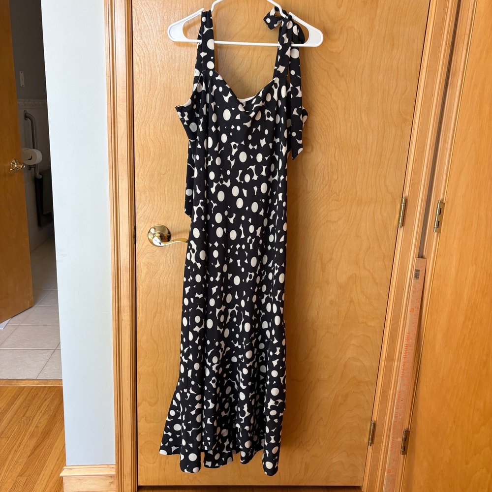 Hutch Midi Dress Womens Large Black White Polka Dot Tie Shoulder Ruffle Hem
